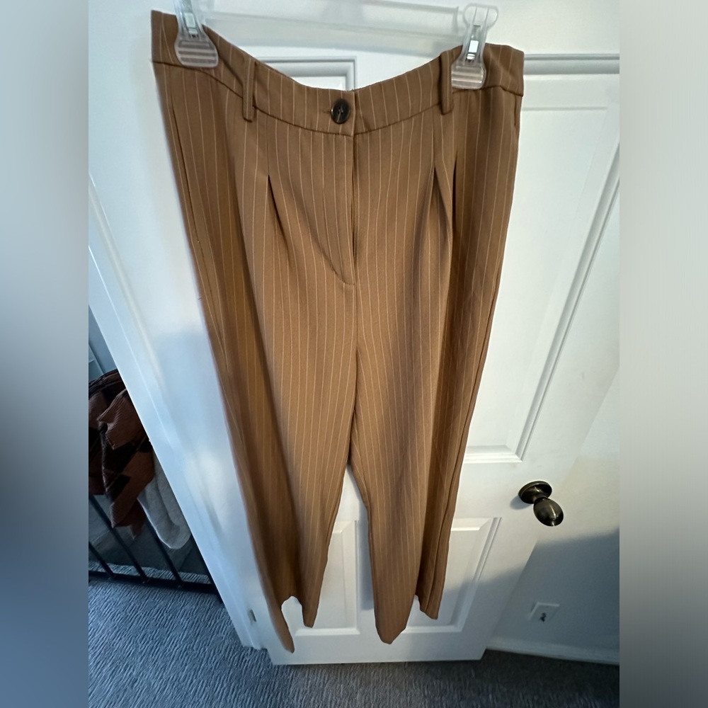 Pin striped tan trouser slacks